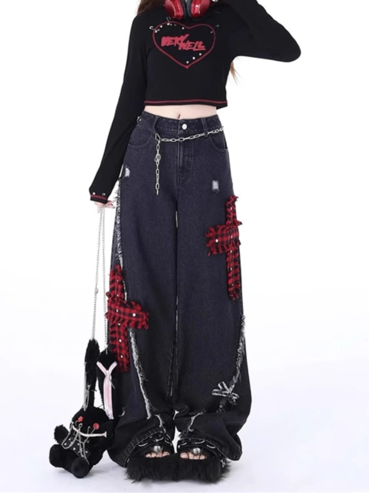 Retro Tattered Stitching Red Plaid Jeans