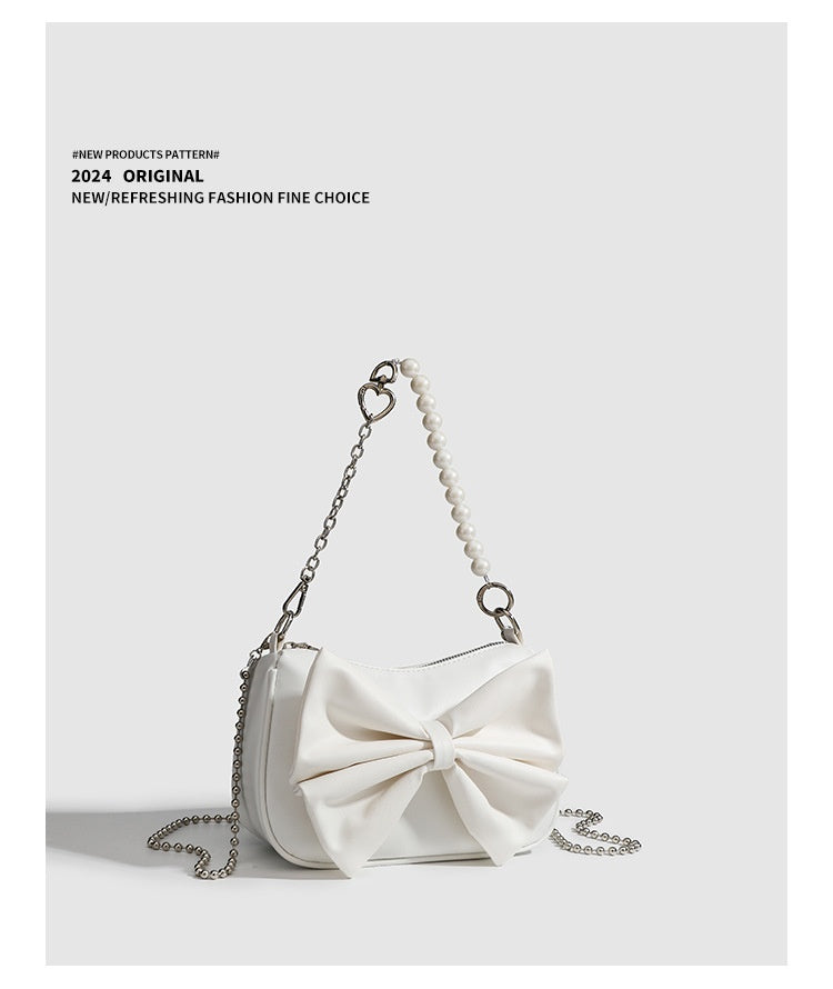 Black White PU Bow Handbags Autumn Winter Ladies Underarm Tote Bags Fashion Simple Pearl Chain Shoulder Bag Small Purse