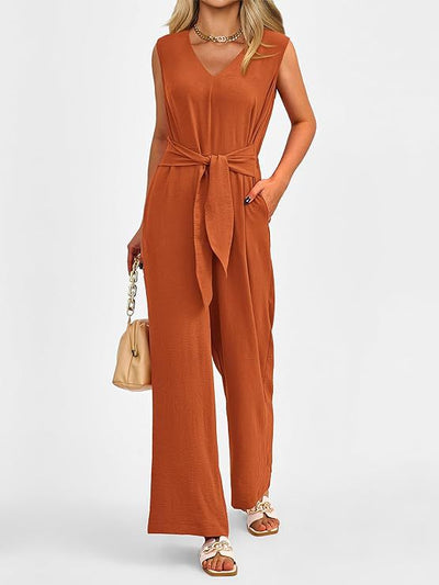 New V-neck Sleeveless Long Jumpsuit With Pockets And Lace-up Design Wide-leg Straight Trousers Summer Womens Clothing