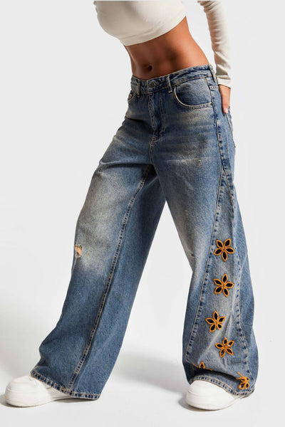 Women's Casual And Relaxed Embroidered High Waist Loose Jeans
