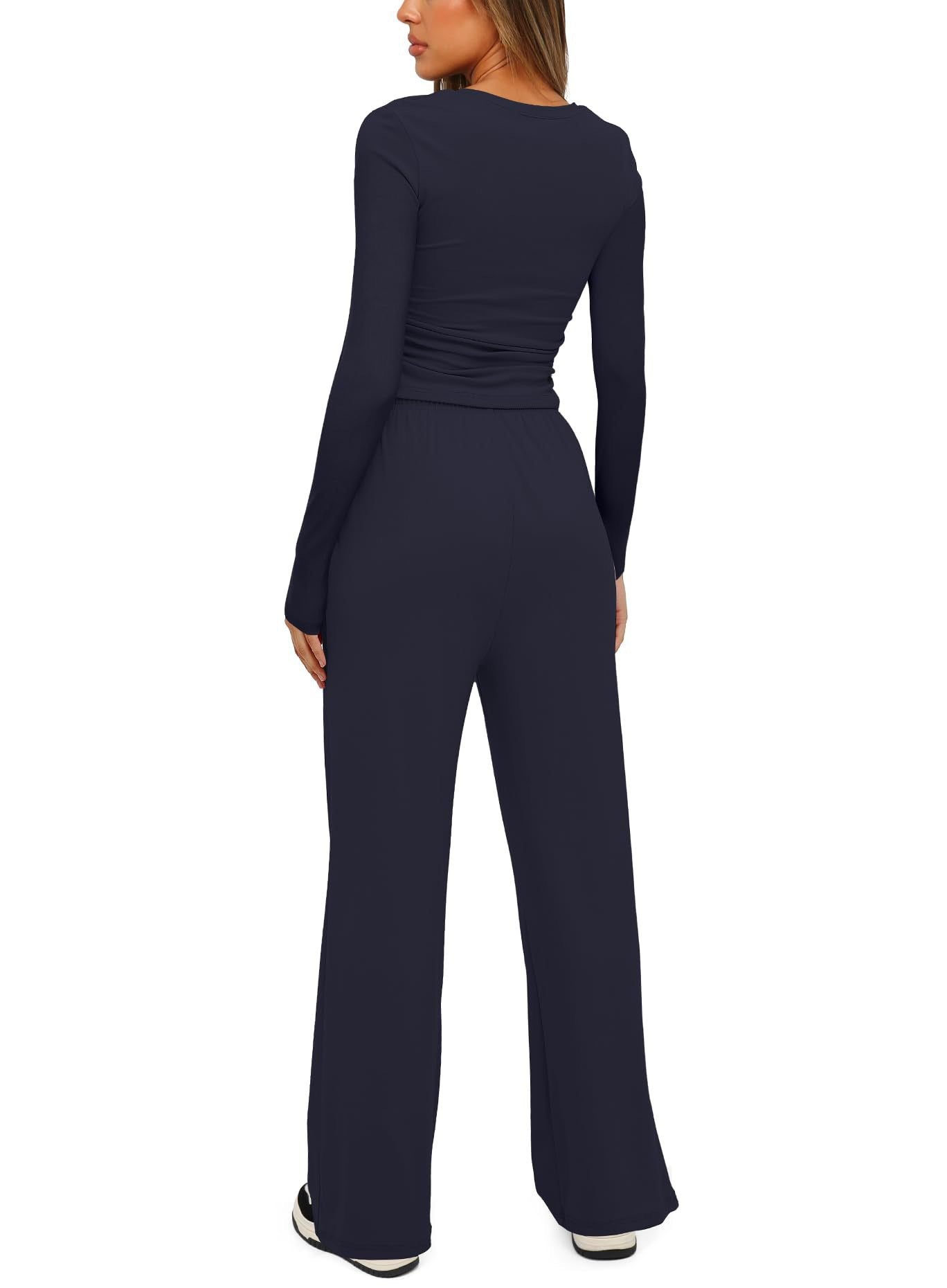 2 Pieces Women's Suit Autumn Winte Long Sleeve Tops High Waisted Wide Leg Pants Sportswear Female Clothes Solid Color Casual Suit