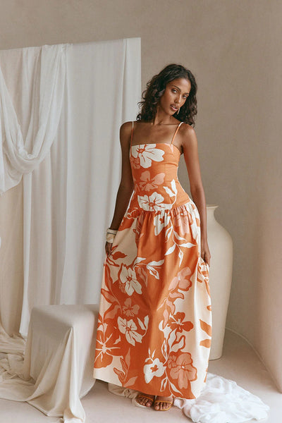 Printed Off-shoulder Slim-fit Strap Dress