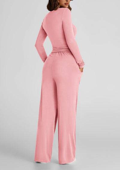 2 Pieces Women's Suit Autumn Winte Long Sleeve Tops High Waisted Wide Leg Pants Sportswear Female Clothes Solid Color Casual Suit