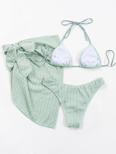 3pcs Halterneck Swimsuit Set Beach Solid Color Sexy Backless Bikini With Mesh Skirt Summer Womens Clothing