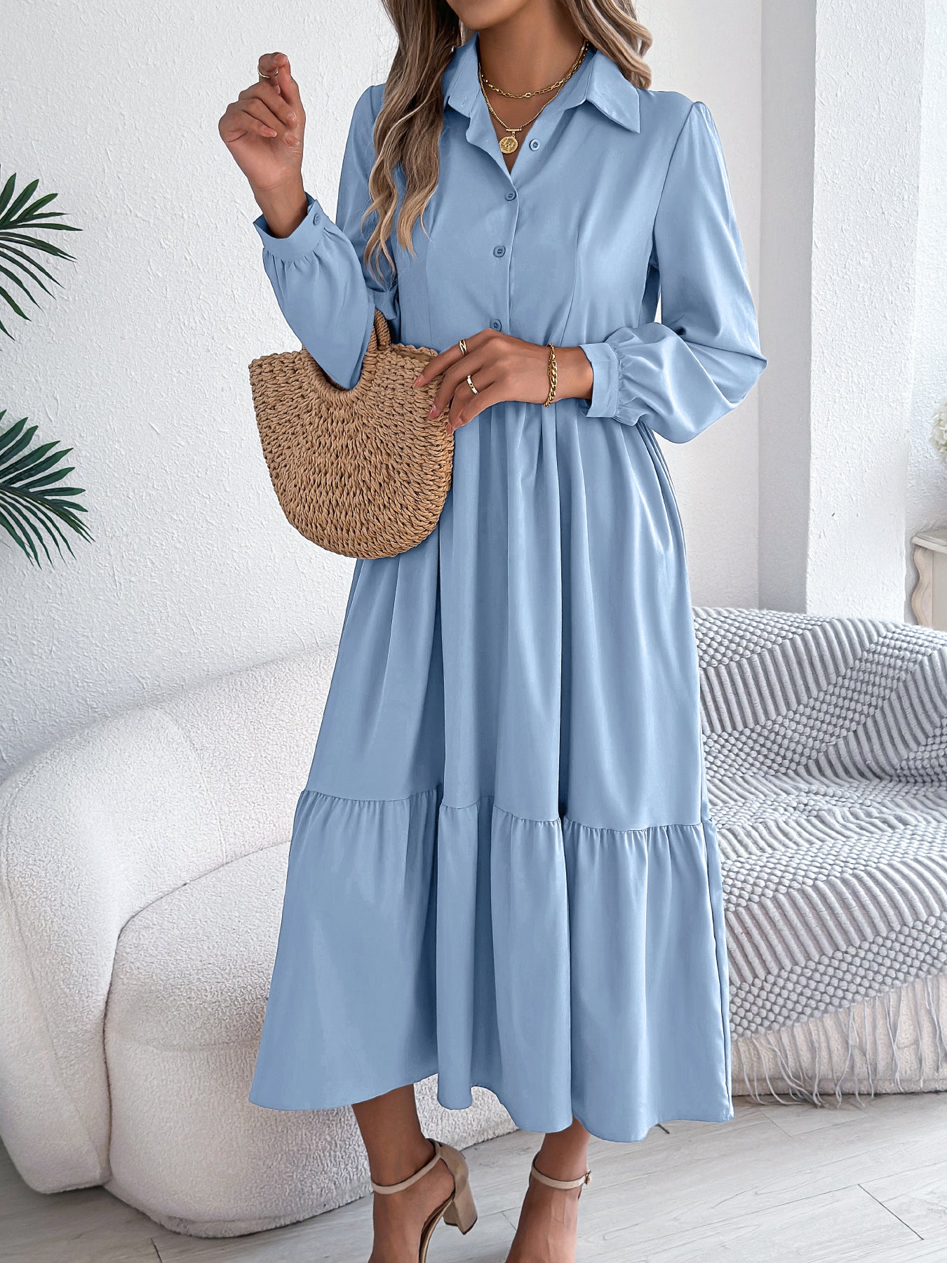 Women's Lapel Casual Loose Long Sleeve Ruffled Shirt Dresses Long Sleeved Turn-down Collar Single-Breasted Dress Spring Autumn Fashion Women's Clothing For Vacation