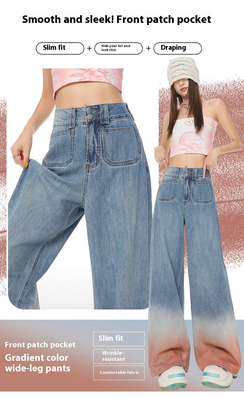 Gradient Color High Waist Wide Leg Jeans For Women Loose-fitting Mopping Pants