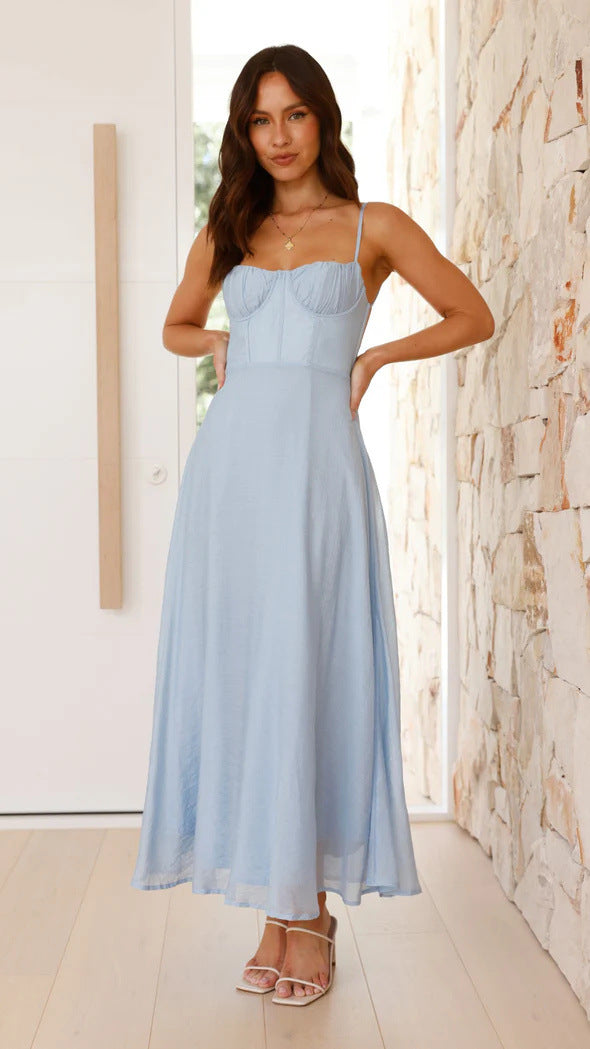 Strap-printed Backless Dress With A Slit At The Hem