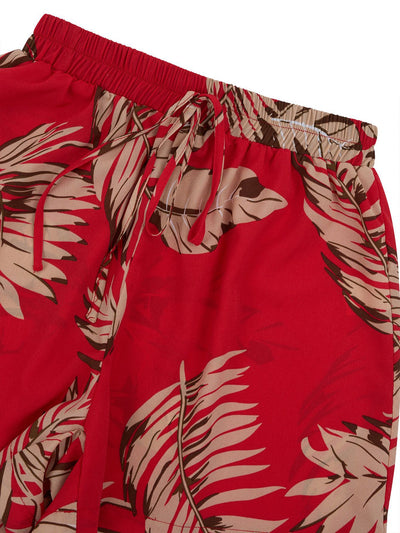2pcs Casual Holiday Leaves Print Suit Summer Short Sleeve Shirt Top And Drawstring Shorts Sets For Womens Clothing