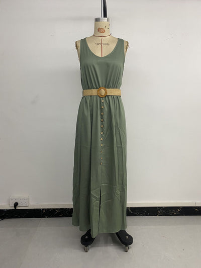 Summer Round-neck Sleeveless Split Dress With Button Design Fashion Solid Beach Long Dresses For Women Clothing
