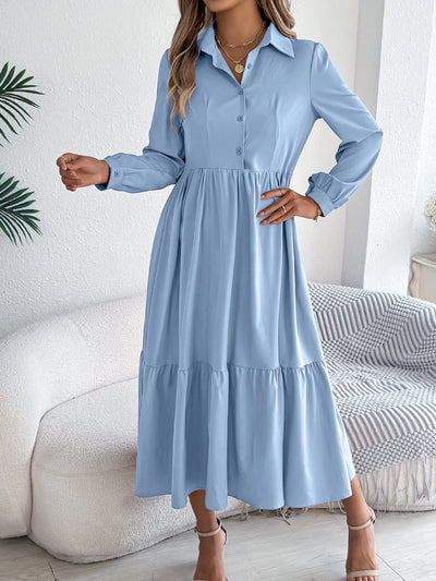 Women's Lapel Casual Loose Long Sleeve Ruffled Shirt Dresses Long Sleeved Turn-down Collar Single-Breasted Dress Spring Autumn Fashion Women's Clothing For Vacation