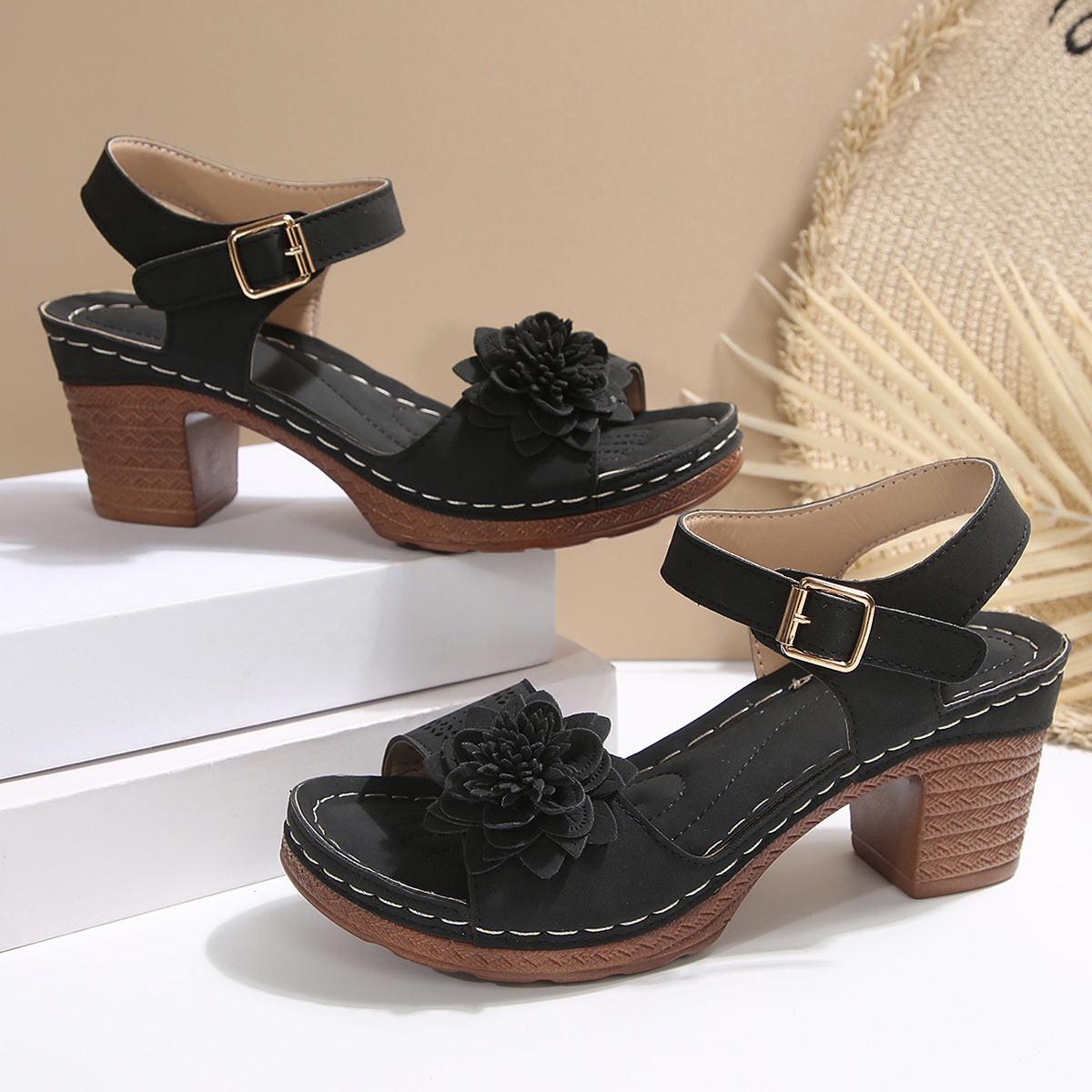 Women's Flowers Chunky Heel Sandals Summer Plus Size Platform Shoes