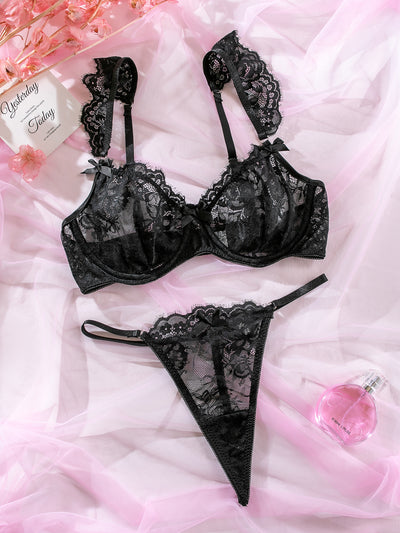 Lace Ruffle-Cuffed Sleeve Bow-Trim Sexy Lingerie Set For Women