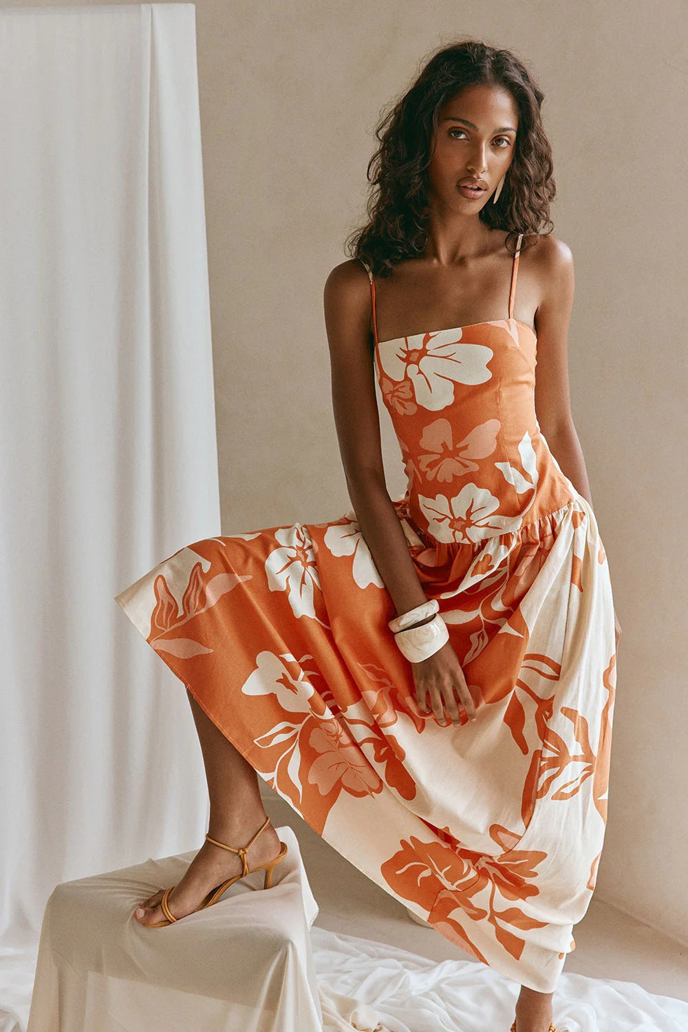 Printed Off-shoulder Slim-fit Strap Dress
