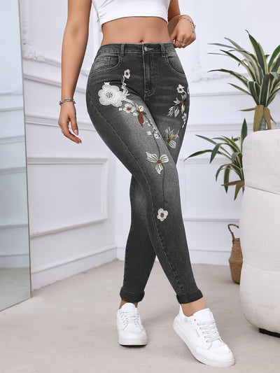 Womens Versatile Flower-Pattern Embroidered Skinny Jeans
