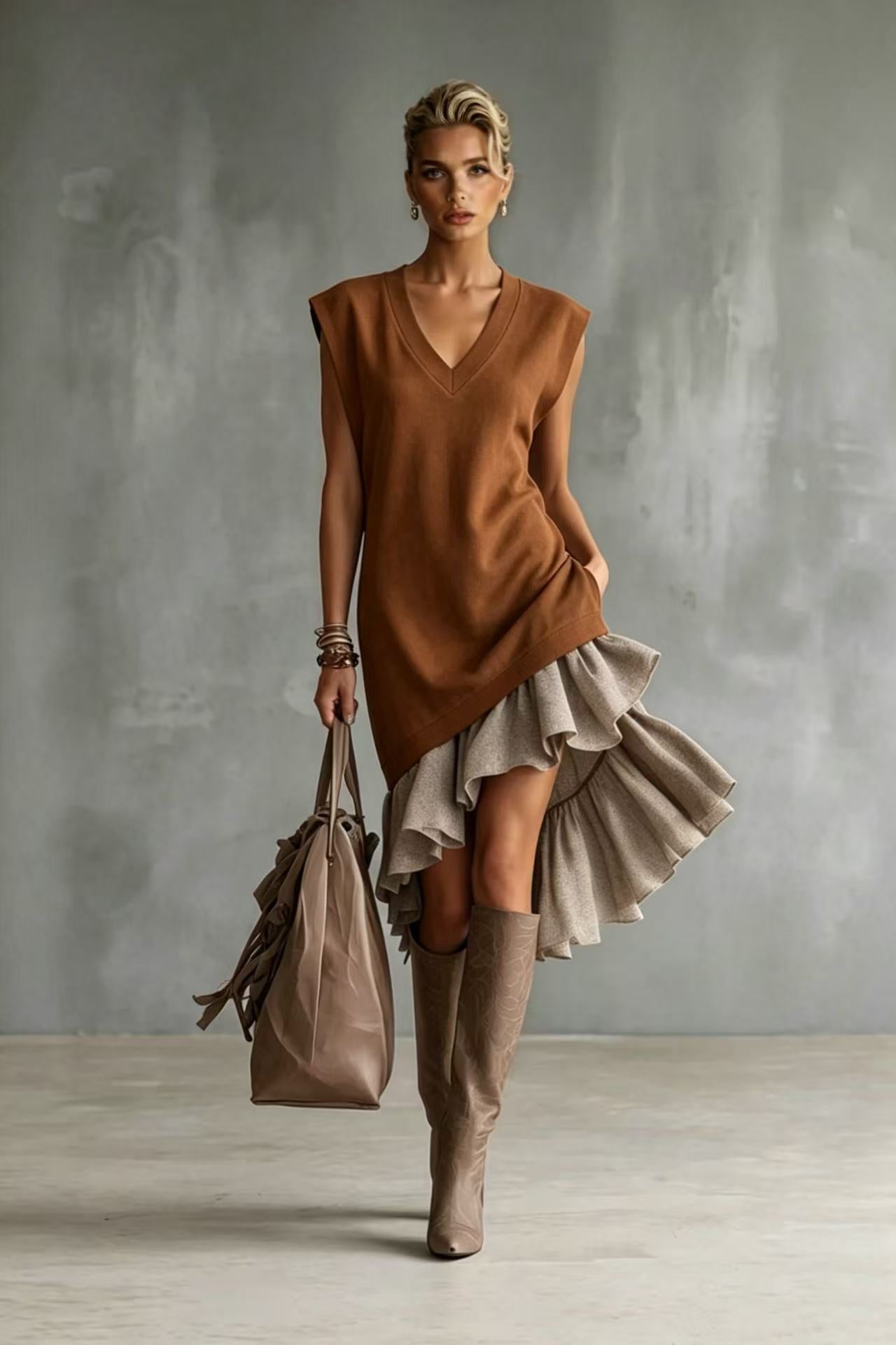 Solid-color Casual European-American Style Flounced Midi Skirt