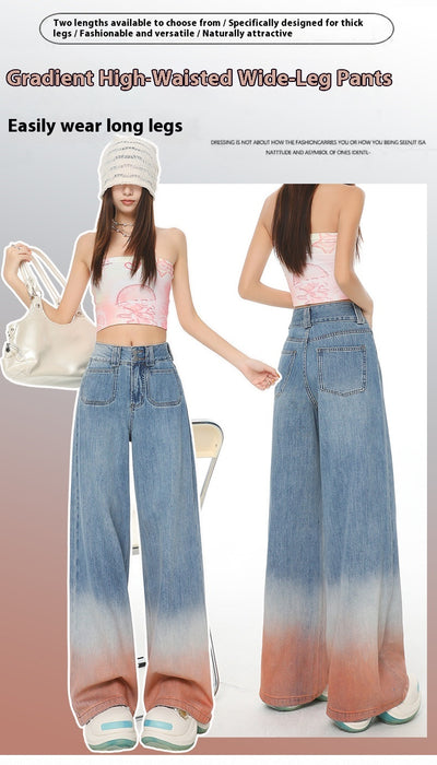 Gradient Color High Waist Wide Leg Jeans For Women Loose-fitting Mopping Pants