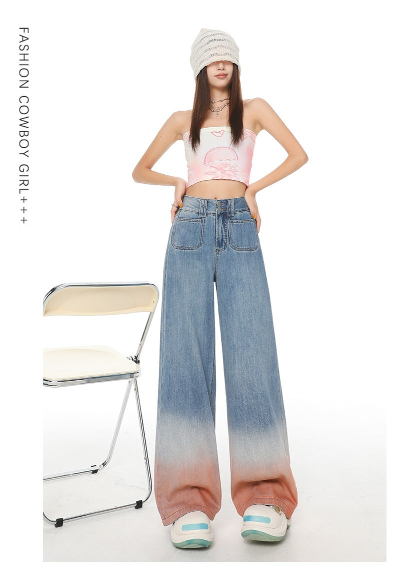 Gradient Color High Waist Wide Leg Jeans For Women Loose-fitting Mopping Pants