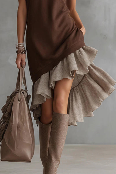 Solid-color Casual European-American Style Flounced Midi Skirt