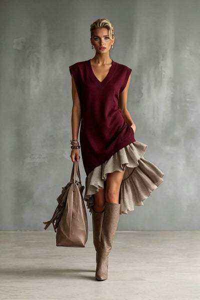 Solid-color Casual European-American Style Flounced Midi Skirt