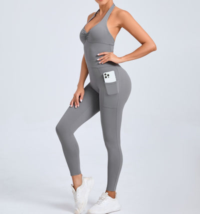 European And American Halter Side Pockets Yoga Jumpsuit