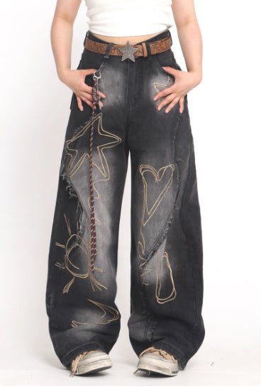 Deconstructed Embroidered Washed Jeans For Women, Autumn