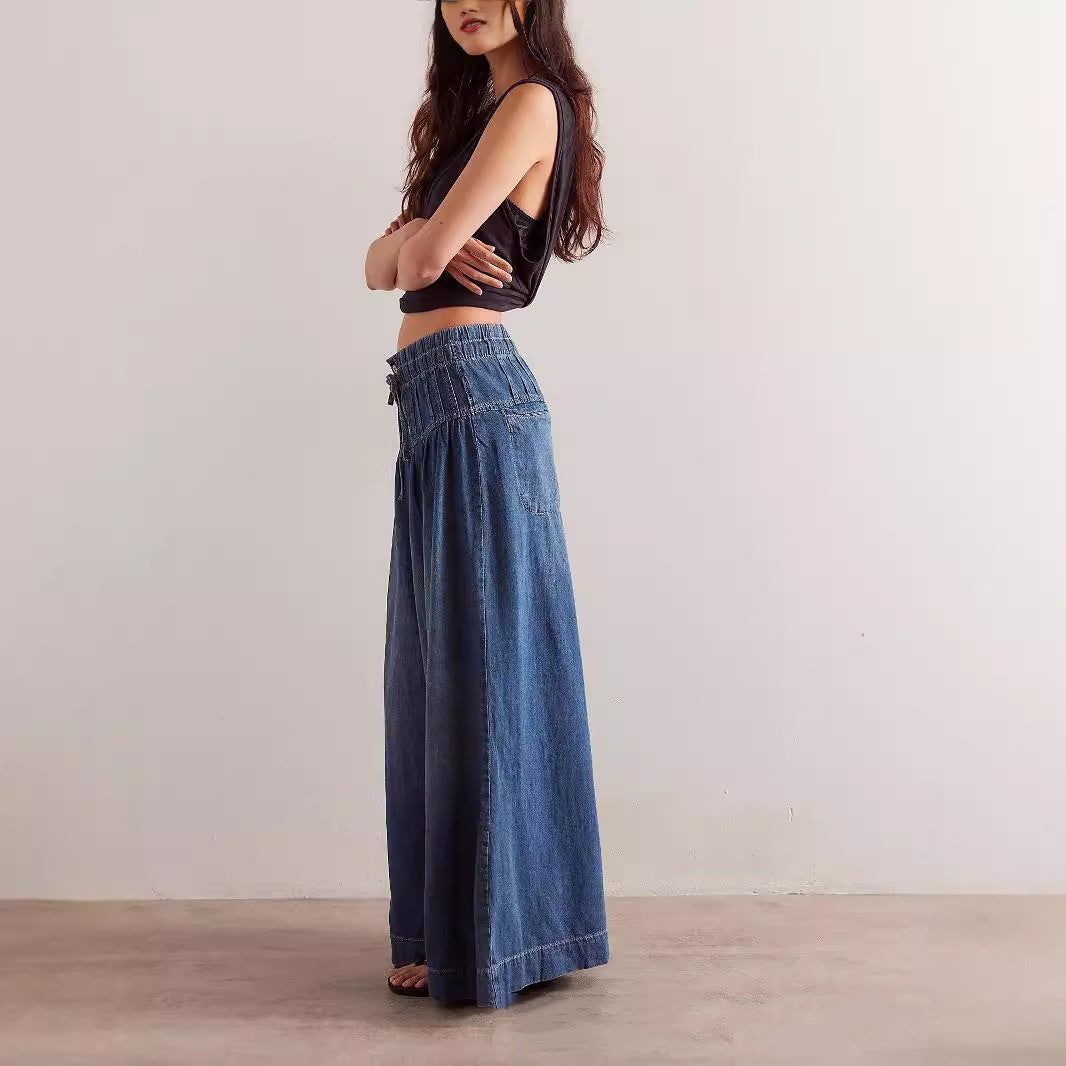 Womens Pleated Mid-Waist Lace-Up Loose Wide-Leg Denim Jeans
