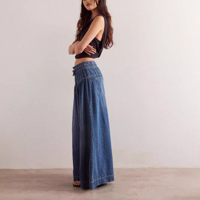 Womens Pleated Mid-Waist Lace-Up Loose Wide-Leg Denim Jeans
