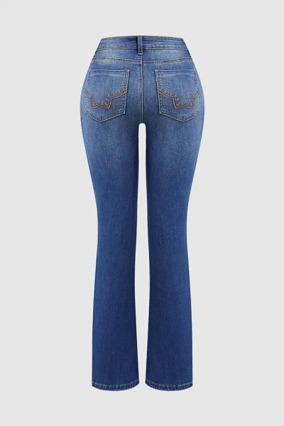 Womens Retro Beaded Embroidered Stretch Denim Jeans