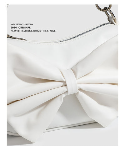 Black White PU Bow Handbags Autumn Winter Ladies Underarm Tote Bags Fashion Simple Pearl Chain Shoulder Bag Small Purse