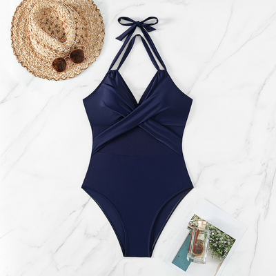 Halter-neck One-piece Swimsuit Summer Solid Color Cross-strap Design Mesh Bikini Beach Vacation Womens Clothing