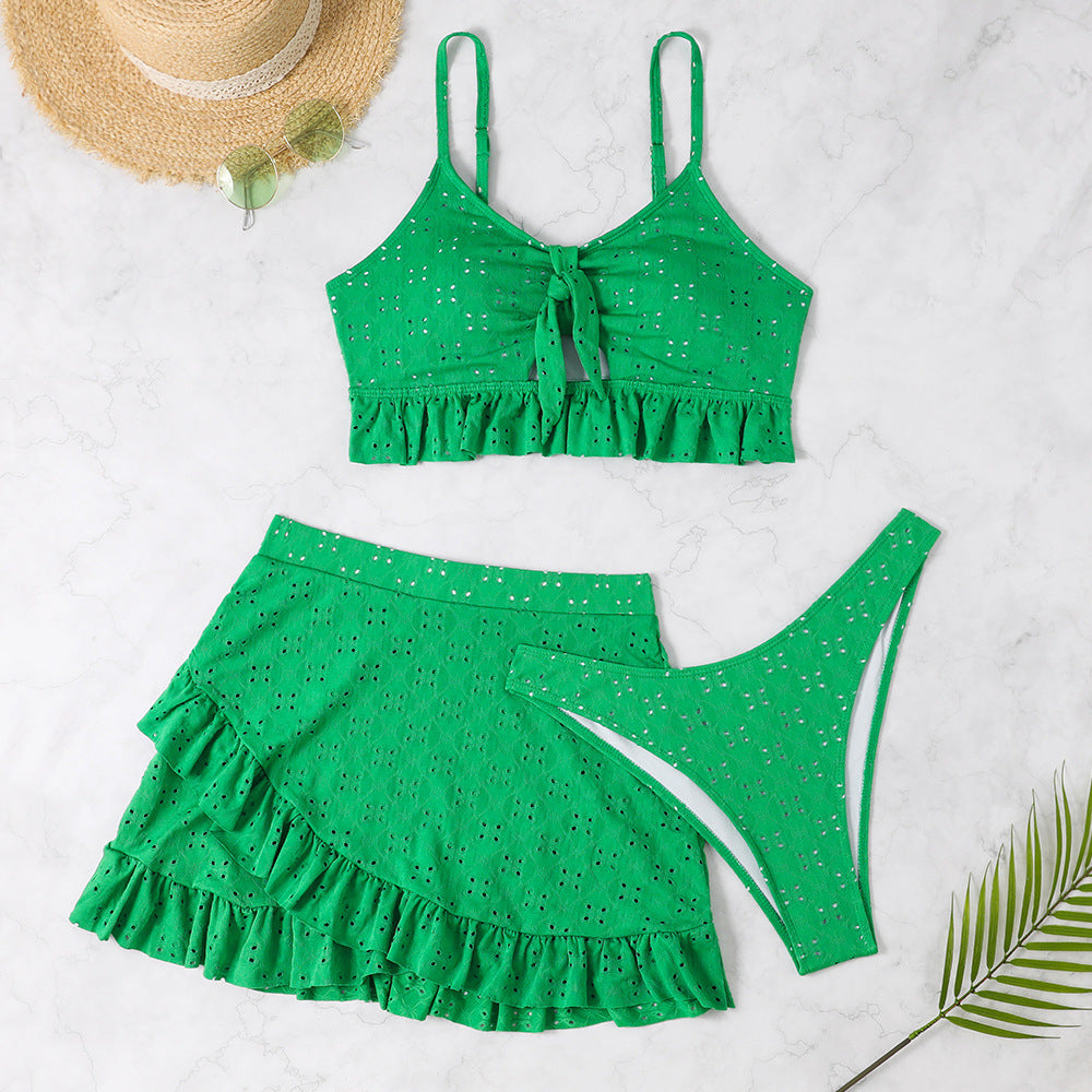 3pcs Beach Bikini With Hip-hugging Skirt Fashion Ruffle Design Swimsuit Set Summer Womens Clothing