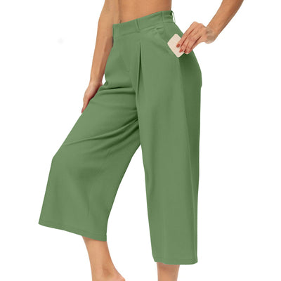 Womens Summer Solid-Color Casual High-Waisted Wide-Leg Cropped Trousers With Side Pockets