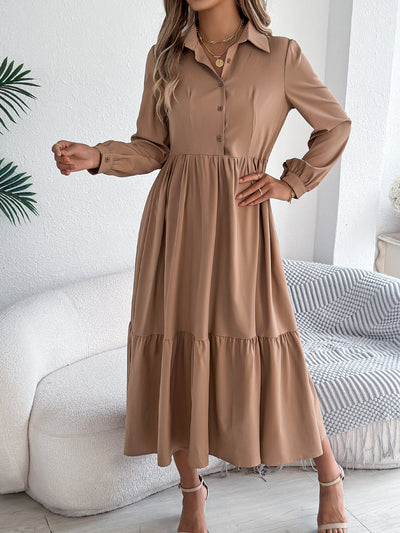 Women's Lapel Casual Loose Long Sleeve Ruffled Shirt Dresses Long Sleeved Turn-down Collar Single-Breasted Dress Spring Autumn Fashion Women's Clothing For Vacation