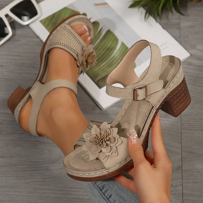 Women's Flowers Chunky Heel Sandals Summer Plus Size Platform Shoes