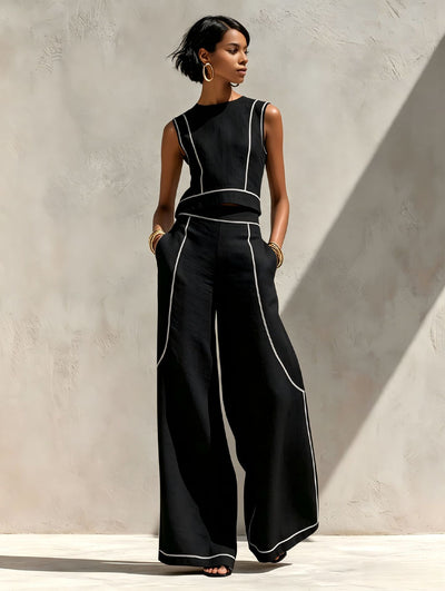 Sleeveless Color-Block Wide-Leg Pants Set Womens Summer Casual Chic Two-Piece Outfit