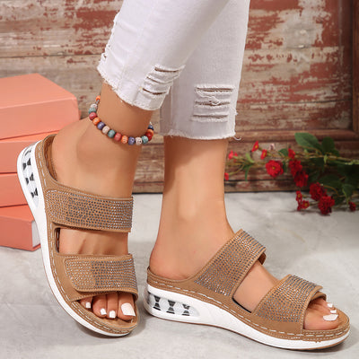New Air Cushion Wedges Sandals Summer Casual Rhinestone Slides Roman Sandals For Women Non-slip Beach Shoes