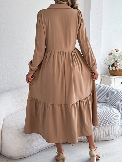 Women's Lapel Casual Loose Long Sleeve Ruffled Shirt Dresses Long Sleeved Turn-down Collar Single-Breasted Dress Spring Autumn Fashion Women's Clothing For Vacation