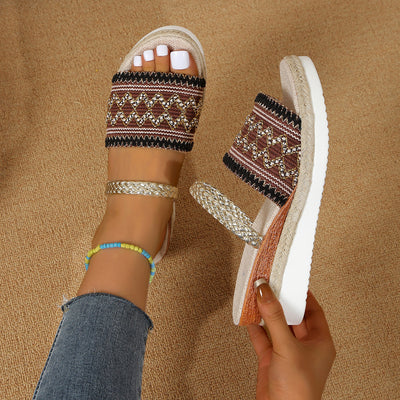New Color-blocked Wave-patterned Sandals Summer Fashion Wedges Slippers Outdoor Ethnic Style One-line Thick-soled Shoes For Women