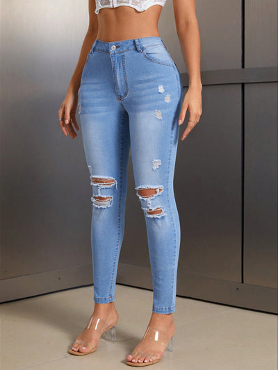 Elastic Slim-fit Women's Stylish Ripped Jeans