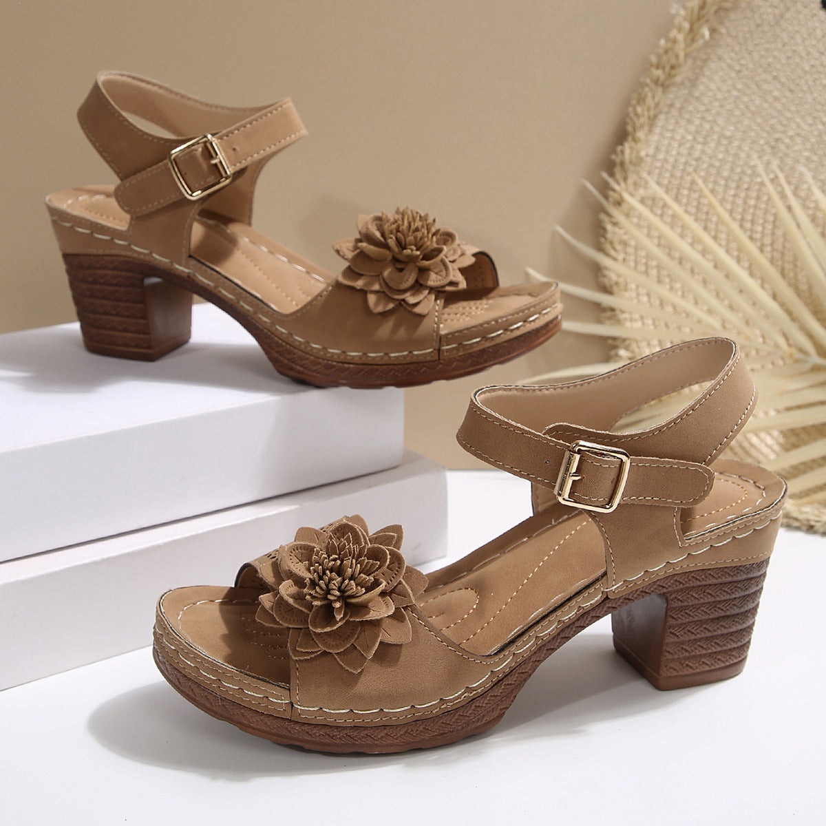 Women's Flowers Chunky Heel Sandals Summer Plus Size Platform Shoes