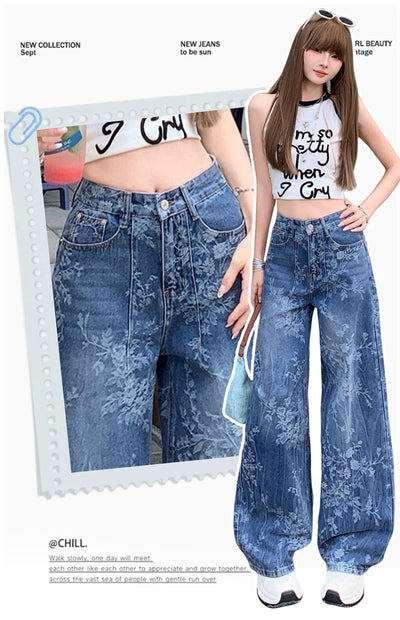 Jacquard Jeans Women's Loose Wide-leg Pants