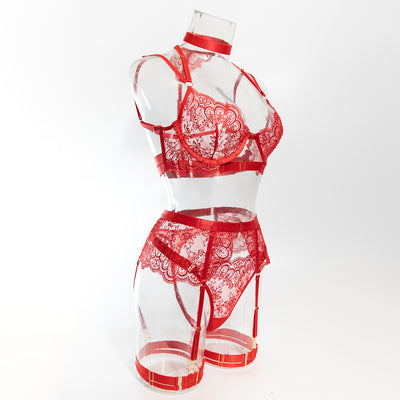 Women's Solid Color Heavy Embroidery Sheer Sexy Lingerie Set