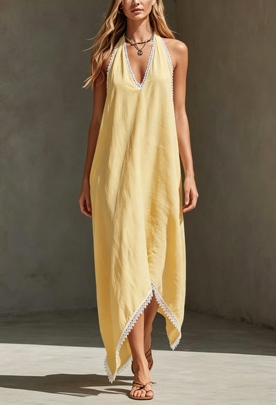 Spliced Lace-trimmed V-neck Dress