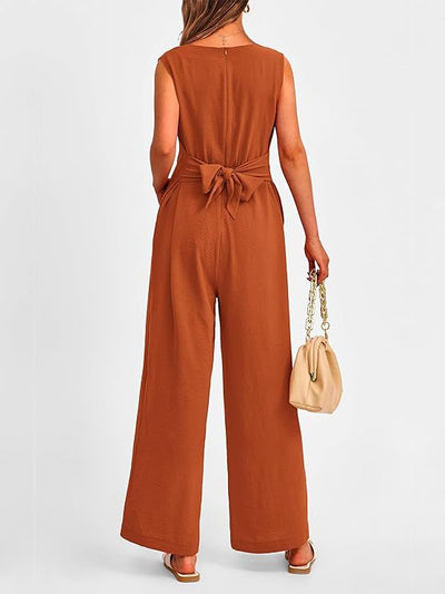 New V-neck Sleeveless Long Jumpsuit With Pockets And Lace-up Design Wide-leg Straight Trousers Summer Womens Clothing