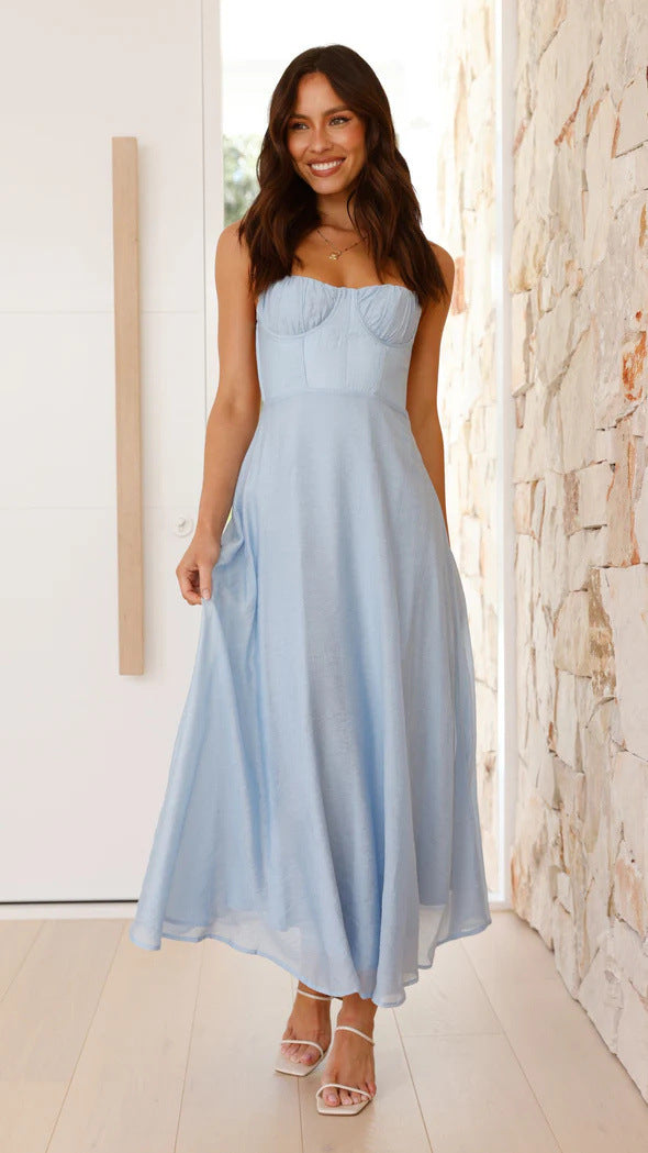 Strap-printed Backless Dress With A Slit At The Hem