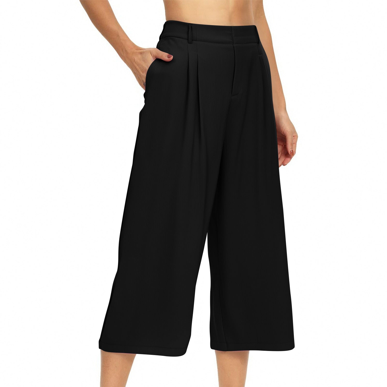 Womens Summer Solid-Color Casual High-Waisted Wide-Leg Cropped Trousers With Side Pockets