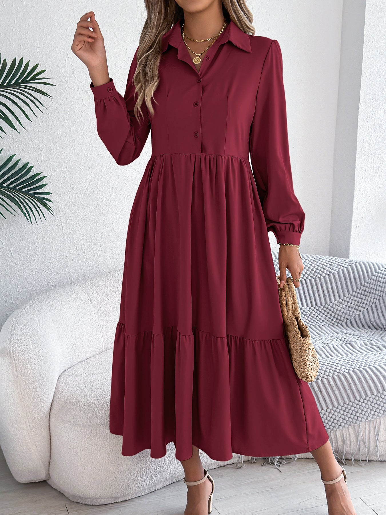 Women's Lapel Casual Loose Long Sleeve Ruffled Shirt Dresses Long Sleeved Turn-down Collar Single-Breasted Dress Spring Autumn Fashion Women's Clothing For Vacation