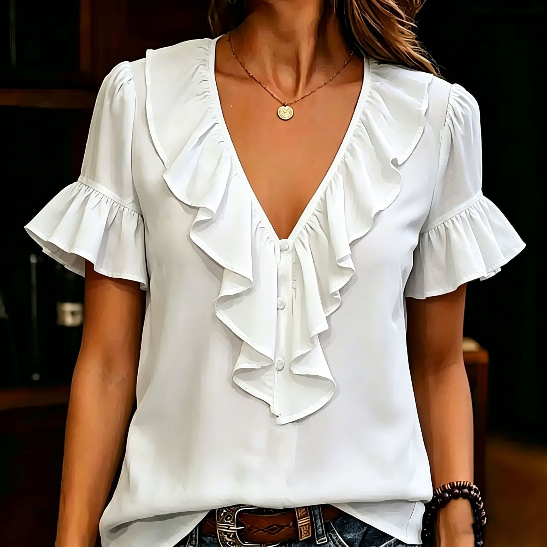 Womens Short-Sleeved T-Shirt With Ruffled Hem And V-Neck