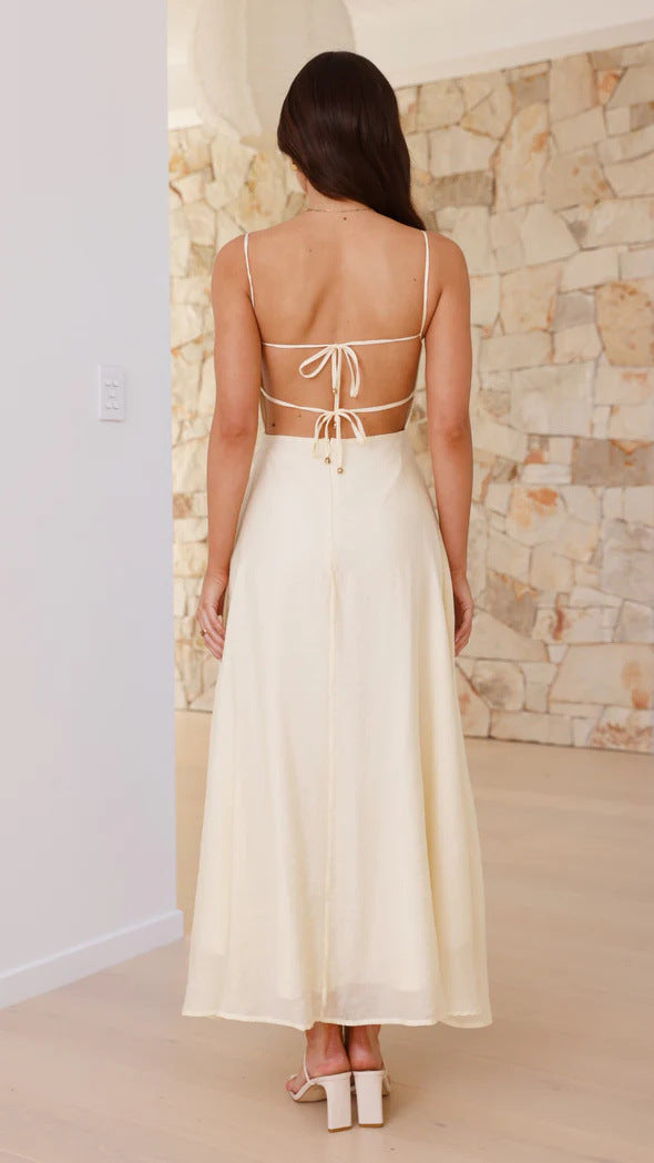 Strap-printed Backless Dress With A Slit At The Hem