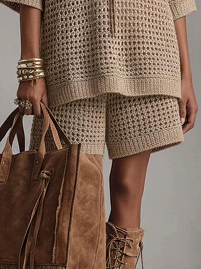 Wool Summer Loose-fit V-neck Short-sleeve Top And High-waisted Shorts Set